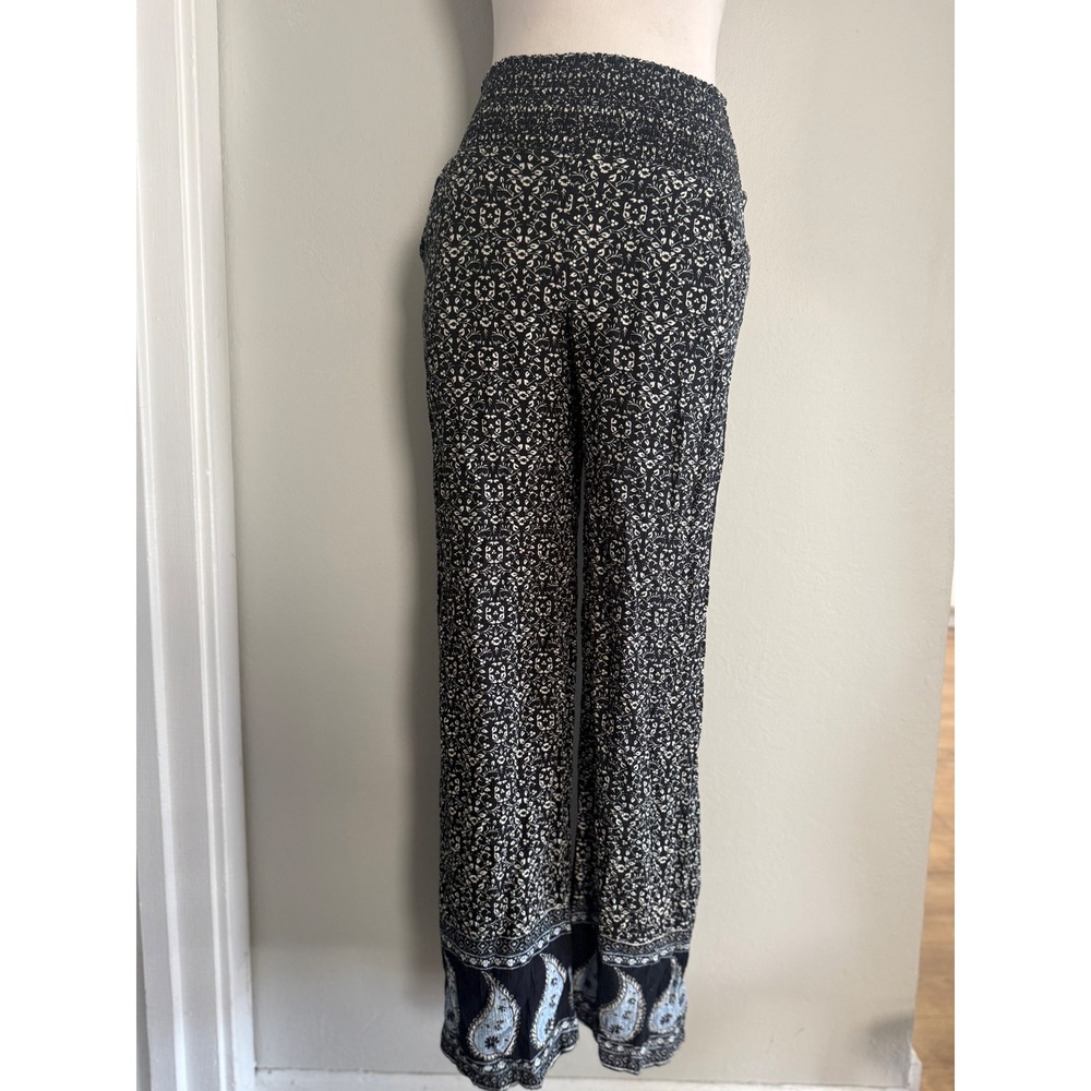 American Eagle black blue white XS Paisley Floral‎ Smocked Waist  Pant boho Y2K